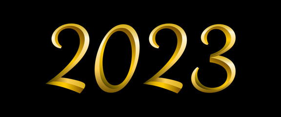2023 New Year text with golden metallic 3d aesthetic. Elegant festive holiday new year title.