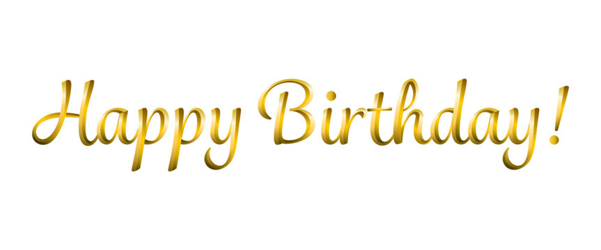 Happy Birthday text in golden metallic cursive font, shining gradient texture, transparent background.