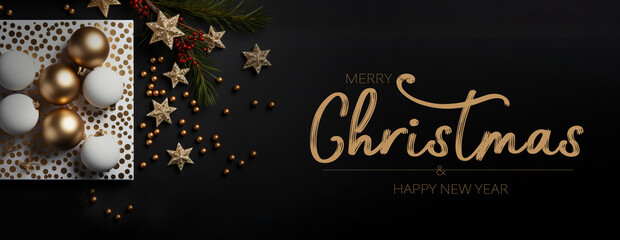 Merry Christmas Text with Christmas Gold Evergreen Branches and Berries in Corner Over black Rustic Wooden Background.