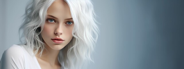 Stunning blonde with long white hair and charming gaze poses against a blue studio background. - obrazy, fototapety, plakaty