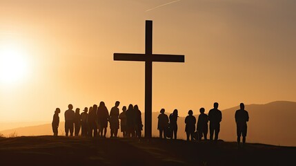 People are standing near the cross. Silhouettes of Christian men and women. Religious concept of faith and prayer.
