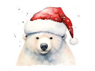 Watercolor illustration of a white bear with red Christmas hat, isolated on white background