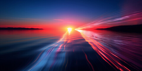 Futuristic abstract sunset, neon glow, reflections on water, high saturation, conceptual
