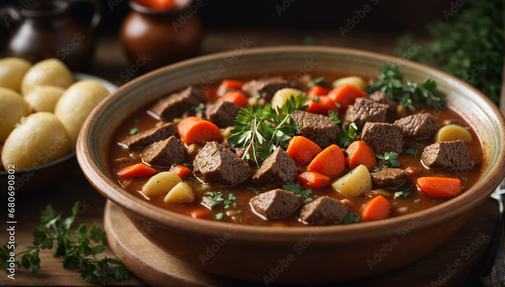 Poster a realistic image of a bowl of hearty and comforting beef stew with vegetables and herbs - ai genera