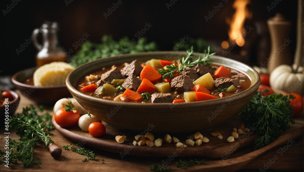 Poster a realistic image of a bowl of hearty and comforting beef stew with vegetables and herbs - ai genera