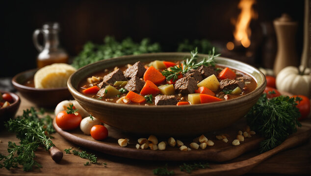A realistic image of a bowl of hearty and comforting beef stew with vegetables and herbs - AI Generative