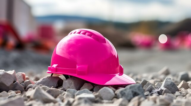 Close up of a hot pink Working Helmet on Gravel. Blurred Construction Site Background
