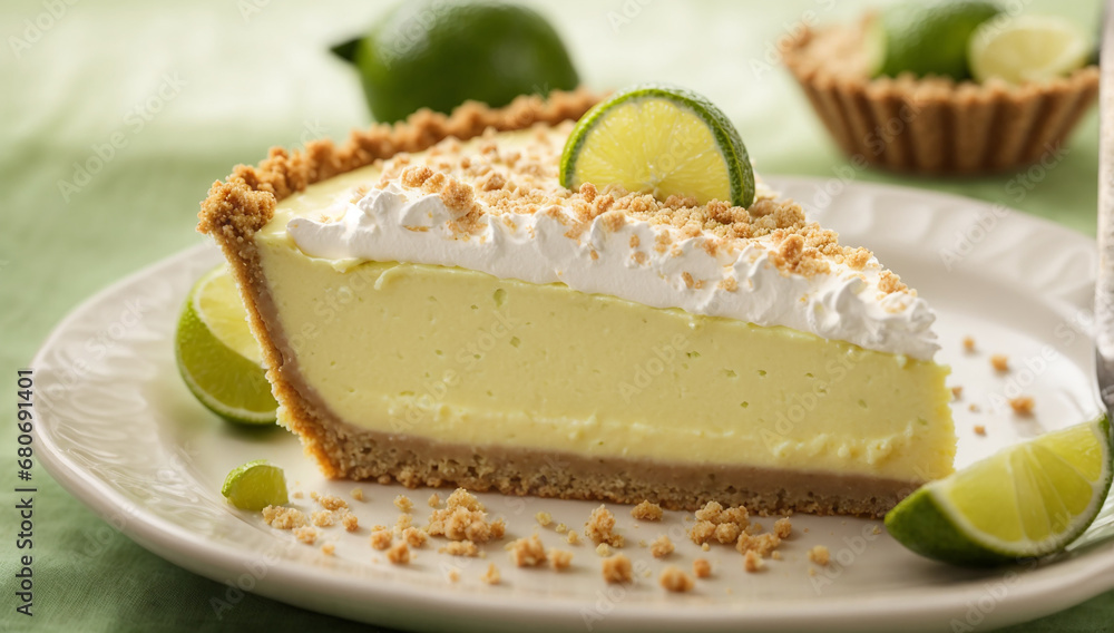 Poster a slice of creamy and tangy key lime pie with a crumbly graham cracker crust - ai generative