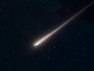 Fototapeta na wymiar A bright flash of a falling meteor. Single shooting star. Trail from a burning meteorite.