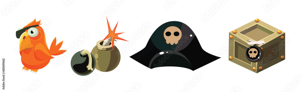 Poster pirate object and element with parrot, hat, bomb and dynamite vector set