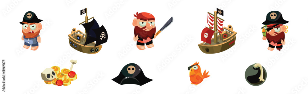 Poster pirate object and element with man captain and ship with skull vector set