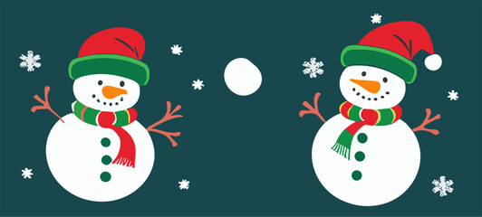 Play snowballs.
Vector christmas drawing with cartoon funny
snowman in red hat of santa claus, snowflake
on a blue background. 2024 New Year
image for fabric, paper, textiles, 
children's clothing.