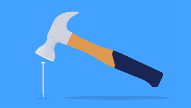 Hammer and nail tool illustration - Simple vector graphic object hammering a common nail in side view flat design, with orange colour on blue background