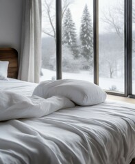Hotel resort room, snowy winter season holiday view through window