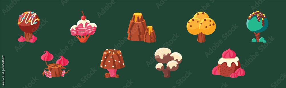 Poster fantasy forest with sweet tree element vector set