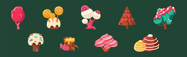 Fantasy Forest with Sweet Tree Stump and Bush Element Vector Set