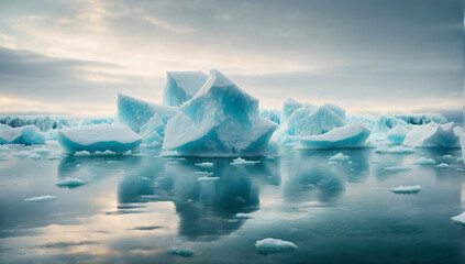Breathtaking and surreal icebergs floating in a tranquil polar sea - AI Generative