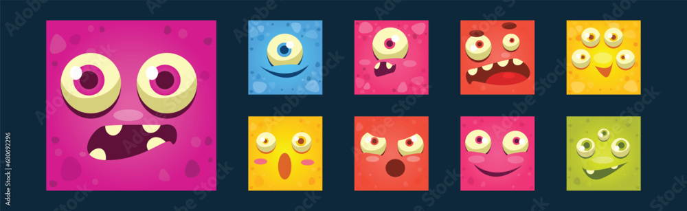 Poster colorful square funny face of monsters with different emotion vector set