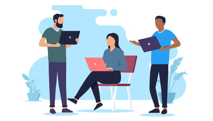 People with laptops working in office together, sitting and standing, having conversation about project and business. Flat design vector illustration graphic with white background