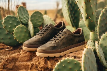 Opuntia cactus and man shoes of organic eco cactus leather on natural background. Сactus leather, sustainable vegan alternative to animal leather. Innovative vegan leather, cruelty-free fashion