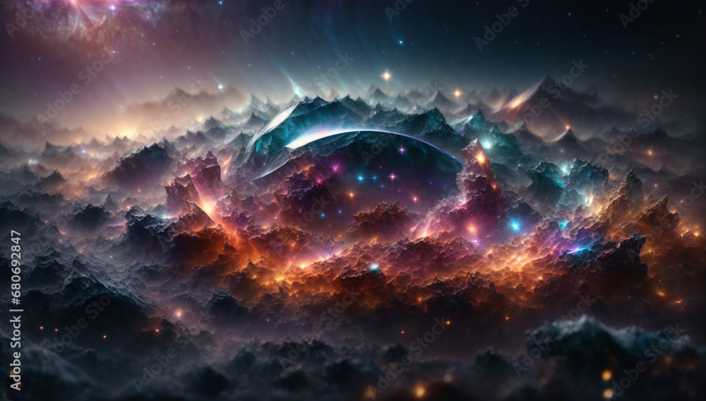Poster distant galaxy with irregular and chaotic features, a glimpse into the diversity of the cosmos - ai 