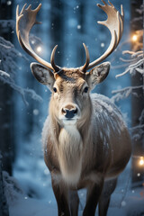 Majestic Winter Solitude: a Deer with Antlers in a Snowy Forest: Solitary reindeer in snowy forest with frozen trees and antlers