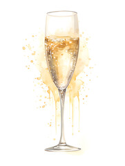 Watercolor illustration of champagne glass isolated on white background with splashes
