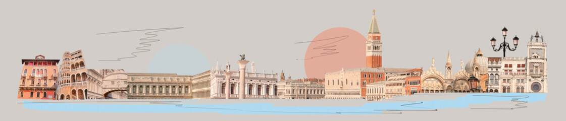 Contemporary artwork. Creative design in retro style. Color image if beautiful buildings in Venice....