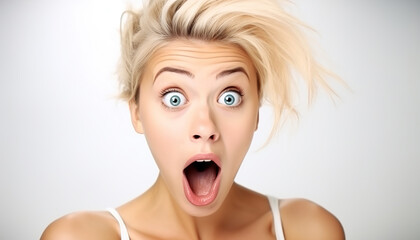 Portrait of teenage girl with a surprised facial expression. Isolated on white background.