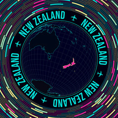 New Zealand on globe. Satellite view of the world centered on New Zealand. Bright neon style. Futuristic radial bricks background. Authentic vector illustration.