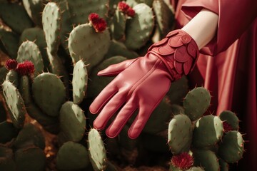 Vegan leather made from cactus - eclectic trends. Women's gloves of cactus leather and opuntia cactus. Innovative vegan leather, sustainable alternative to animal leather, cruelty-free fashion - obrazy, fototapety, plakaty