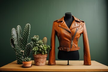 Concept of cactus leather, sustainable vegan alternative to animal leather. Woman bomber jacket of eco cactus leather and opuntia cactus. Innovative vegan leather, cruelty-free fashion - obrazy, fototapety, plakaty