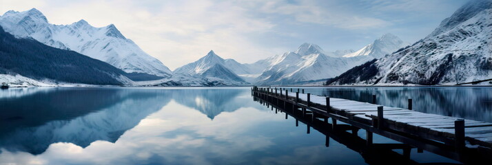 peaceful winter lake reflecting the snow-capped mountains, with a small wooden dock extending into the icy waters. Generative AI - obrazy, fototapety, plakaty