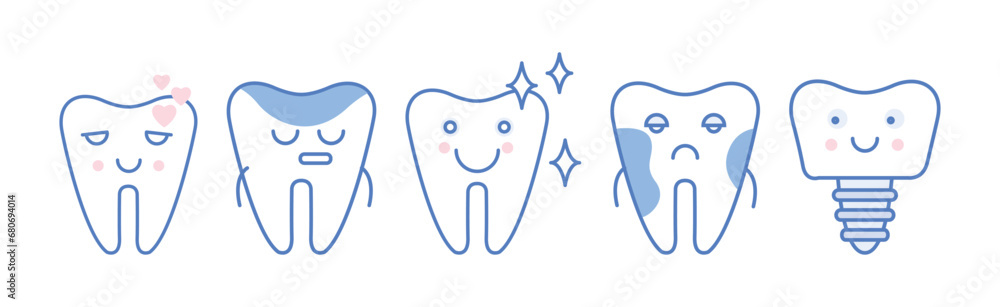 Wall mural cute line tooth icon with face and smile vector set