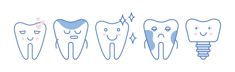 Cute Line Tooth Icon with Face and Smile Vector Set