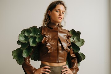 Concept of cactus leather, sustainable vegan alternative to animal leather. Woman bomber jacket of eco cactus leather and opuntia cactus. Innovative vegan leather, cruelty-free fashion - obrazy, fototapety, plakaty