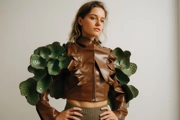 Deurstickers Concept of cactus leather, sustainable vegan alternative to animal leather. Woman bomber jacket of eco cactus leather and opuntia cactus. Innovative vegan leather, cruelty-free fashion © Rodica