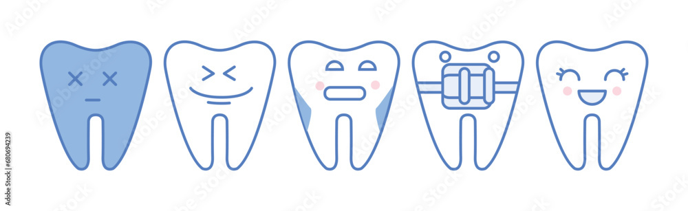 Poster cute line tooth icon with face and smile vector set
