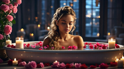 Beautiful young woman in bath with floating candles and roses. Beauty spa treatment - obrazy, fototapety, plakaty