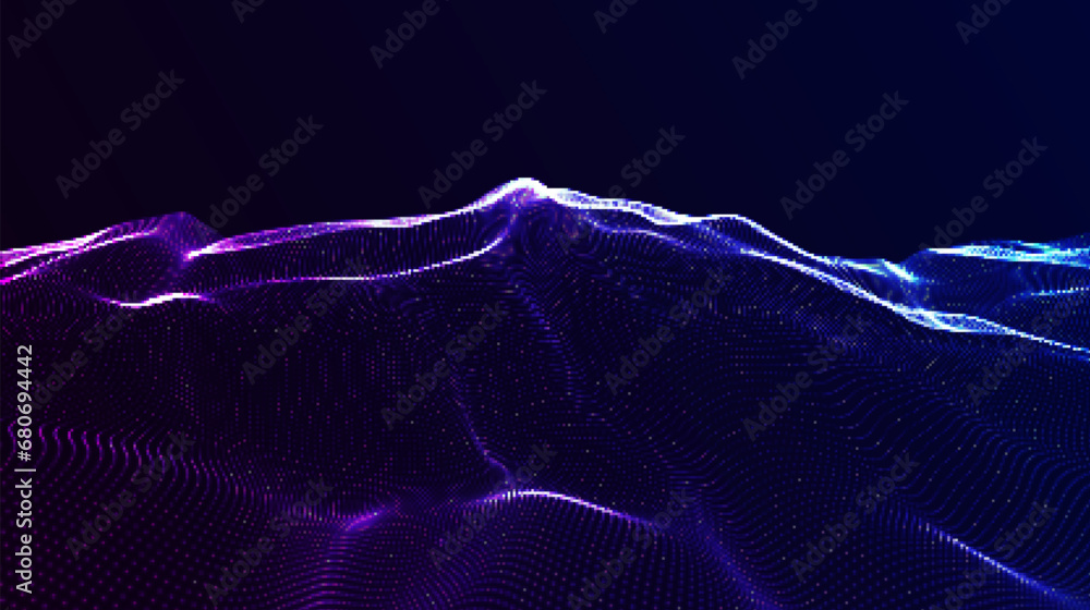 Poster abstract blue wave background with particles moving in space. technology illustration. futuristic mo
