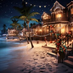 Obraz na płótnie Canvas Caribbean Christmas Glow: Coastal Homes Aglow Under Night Skies, generative AI