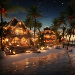 Fototapeta premium Caribbean Christmas Glow: Coastal Homes Aglow Under Night Skies, generative AI