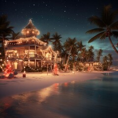 Fototapeta na wymiar Caribbean Christmas Glow: Coastal Homes Aglow Under Night Skies, generative AI