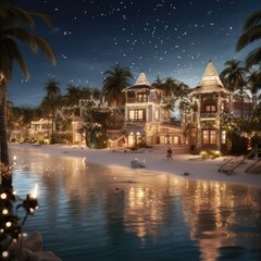 Caribbean Christmas Glow: Coastal Homes Aglow Under Night Skies, generative AI