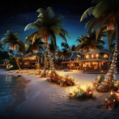 Caribbean Christmas Glow: Coastal Homes Aglow Under Night Skies, generative AI