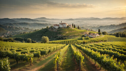 Fototapeta na wymiar Picturesque and charming hilltop vineyard, with a panoramic view of the surrounding countryside - AI Generative