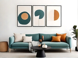 Modern living room interior design in the Scandinavian style.Orange cushions on a teal curving sofa set against a poster-adorned white wall.  Generative AI