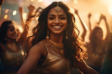 Spirit of celebration: An exuberant dance in traditional attire, wrapped in golden light.