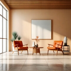 Modern living room interior design from a mid-century residence.Beside the window, next to the paneling wall and curtain, are two barrel seats and a round wooden coffee table.  Generative AI