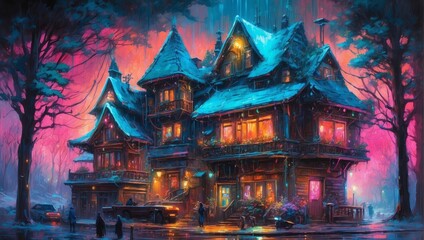 A Cyberpunk Enchanted Winter Evening At A Festive House 59